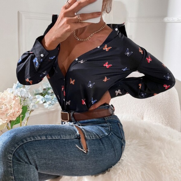 Boho White Butterfly Print Button up Top Work Classic - Picture 10 of 11